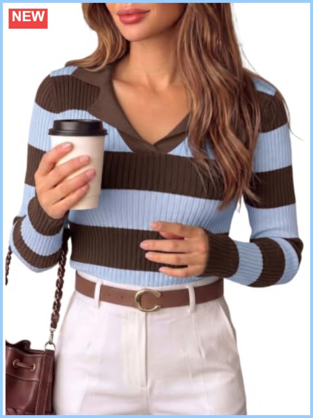 Striped Pullover Sweater Long Sleeve Ribbed Knit Slim Fit Top